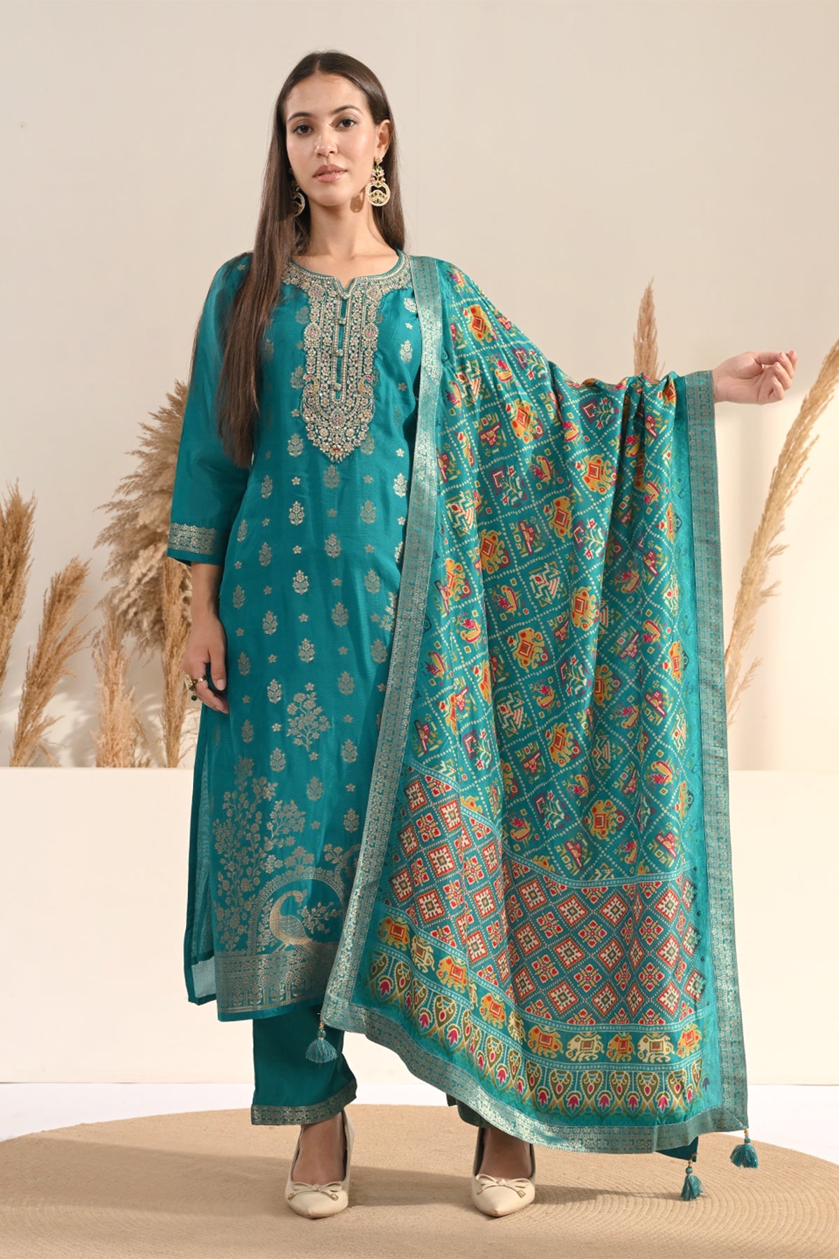 Firozi Sequin Embellished 3 Pcs Kurta Set