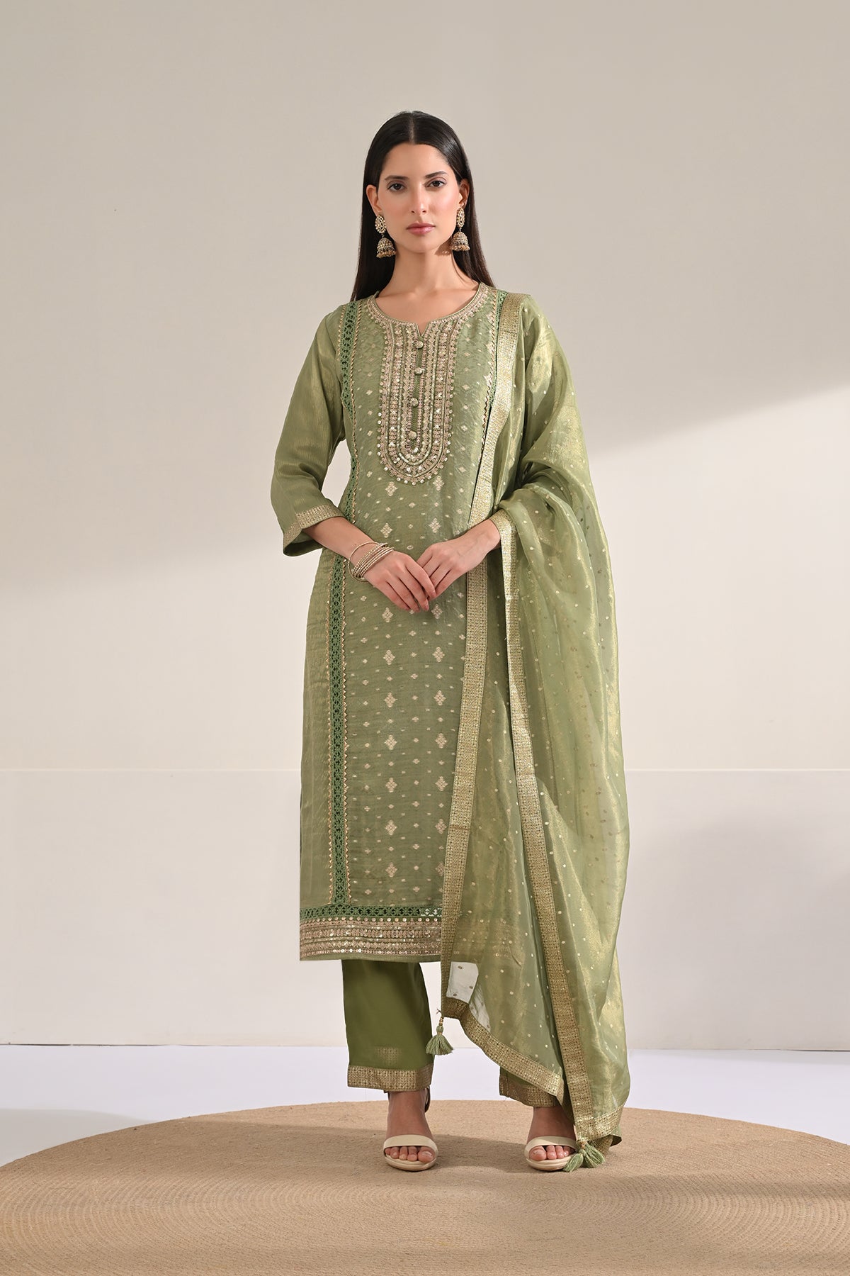 Green Embellished 3 Pcs Kurta Set