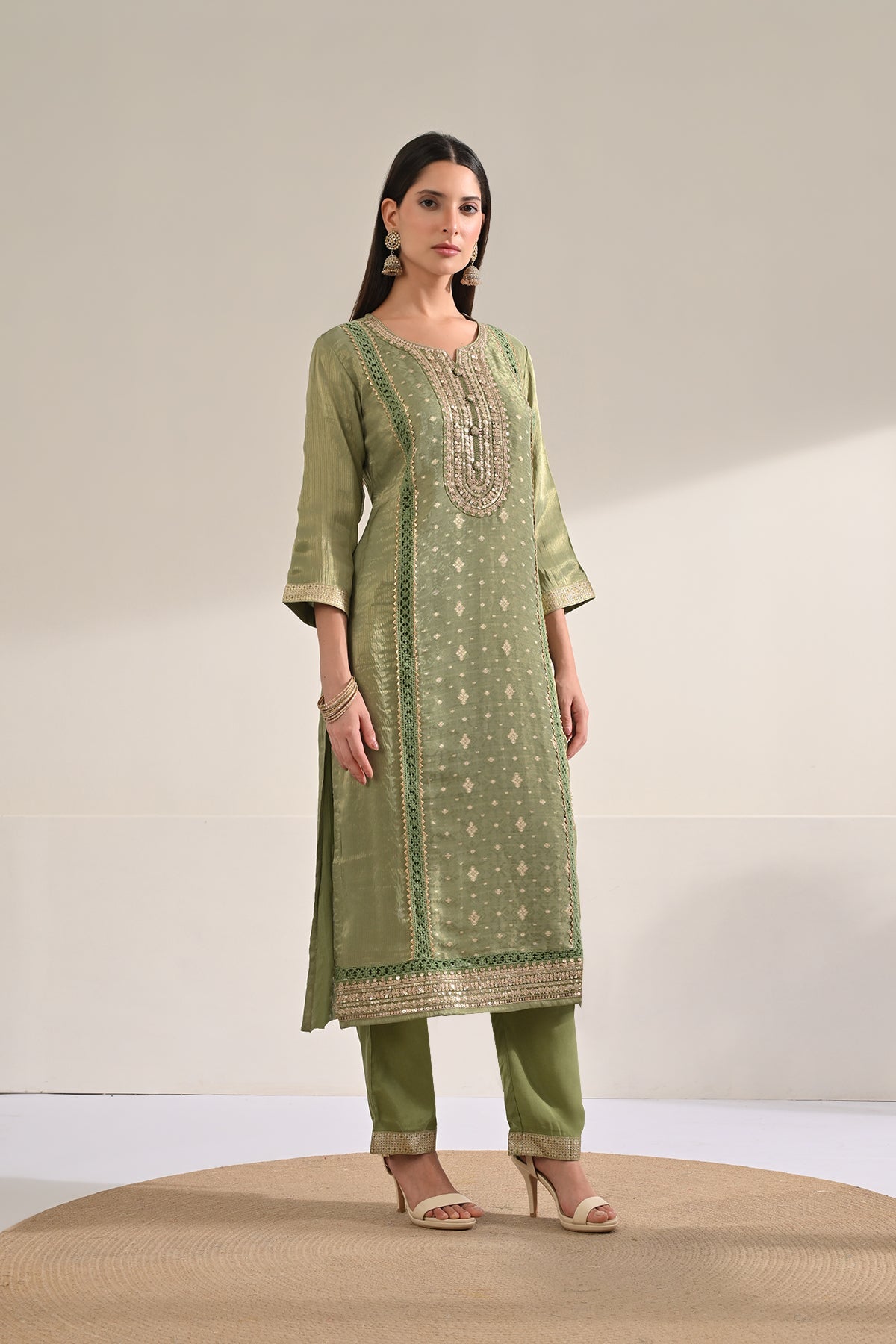 Green Embellished 3 Pcs Kurta Set