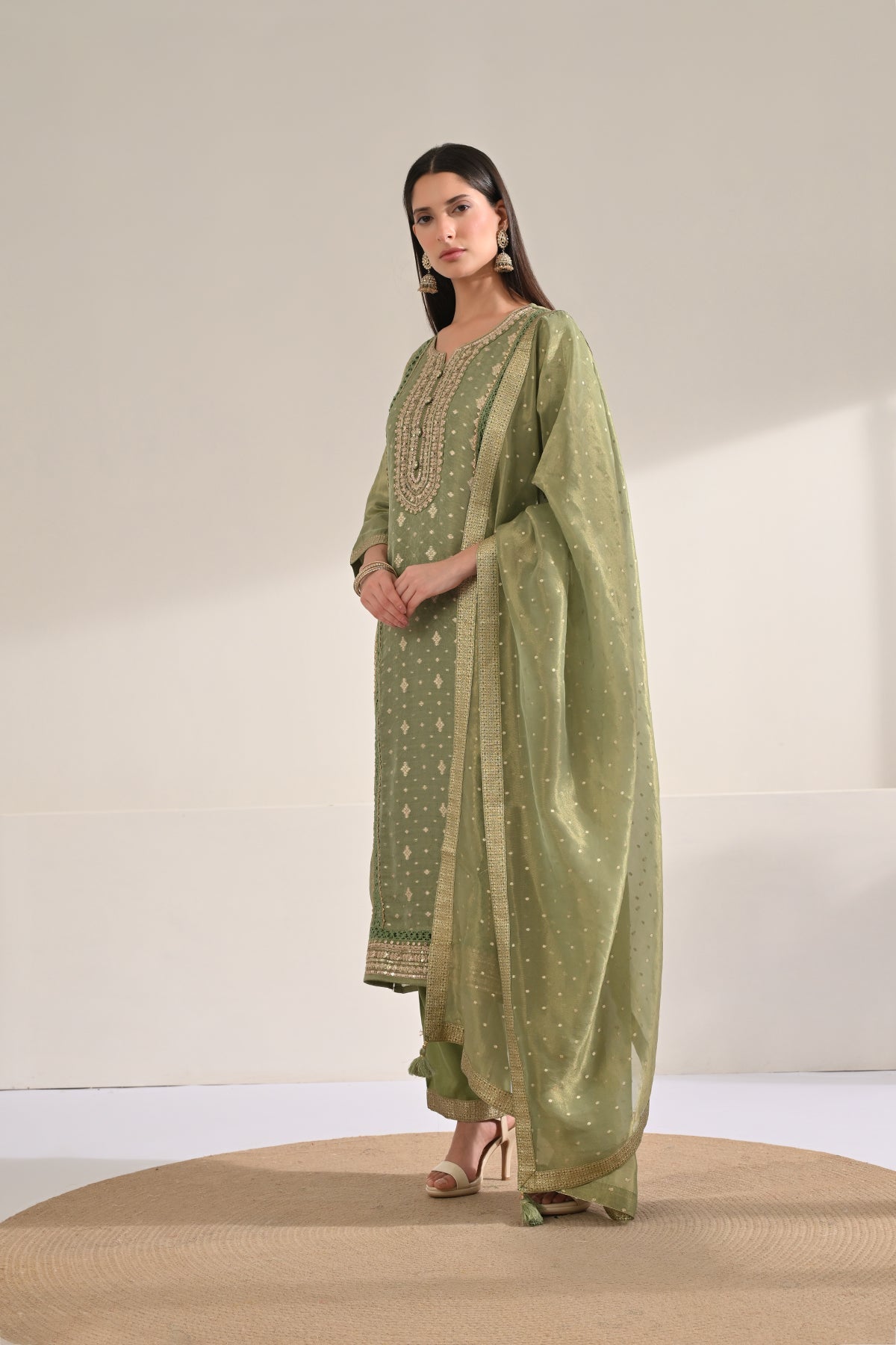 Green Embellished 3 Pcs Kurta Set