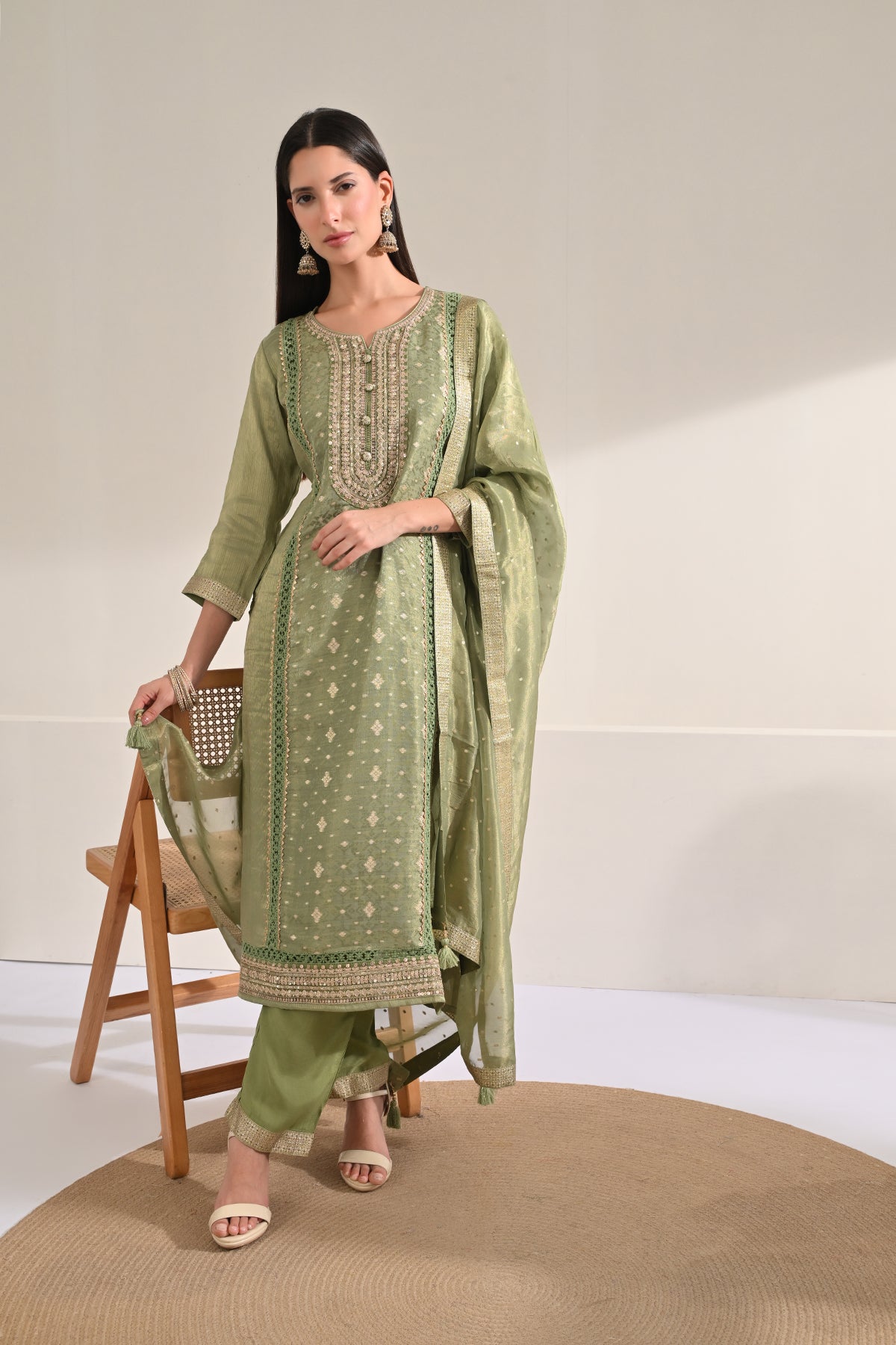 Green Embellished 3 Pcs Kurta Set