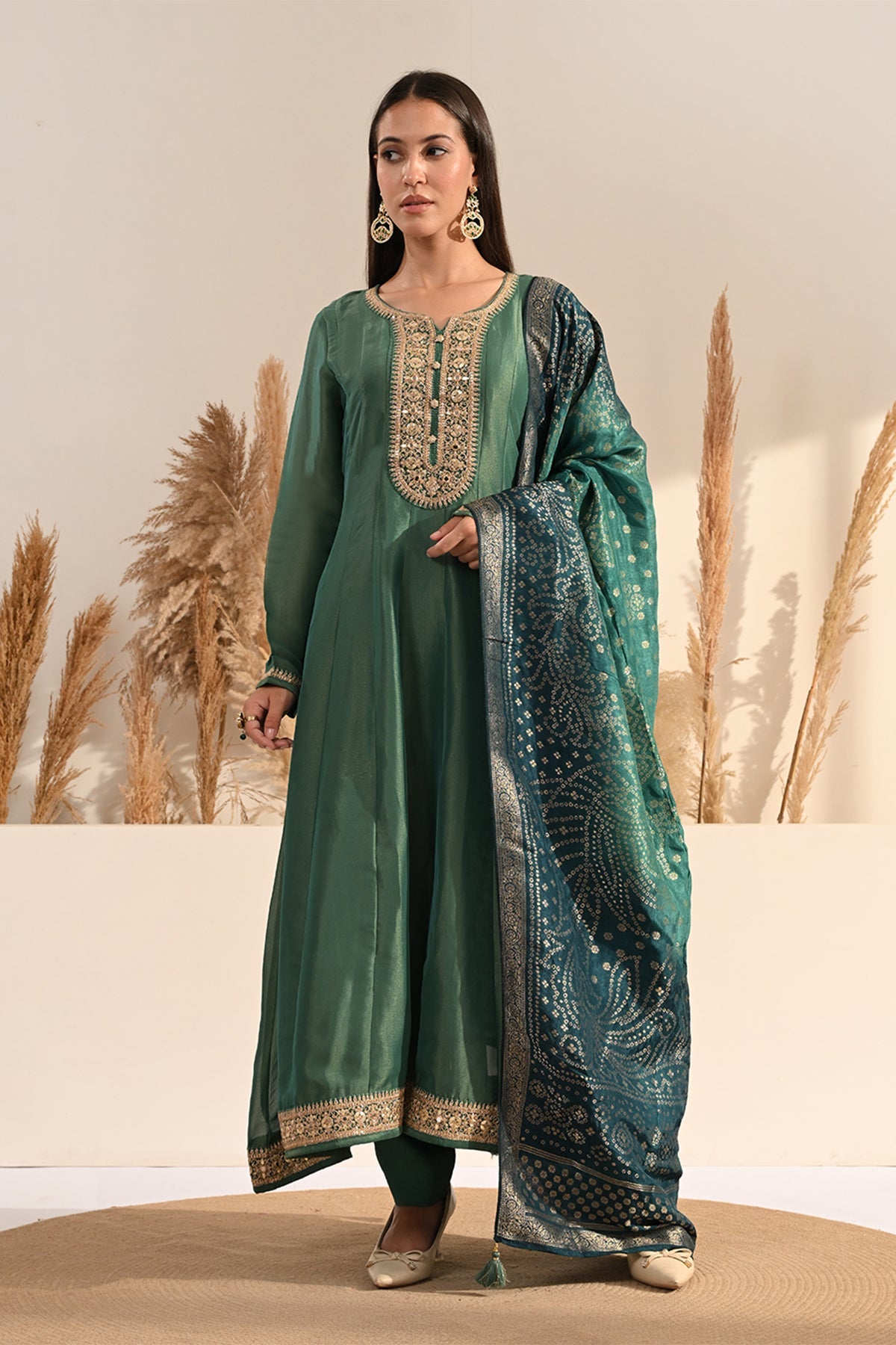 Green Metallic Tissue Embroidered A-Line 3 Pcs Kurta Set