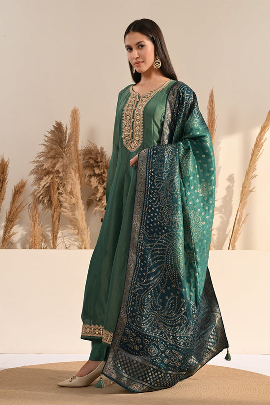 Green Metallic Tissue Embroidered A-Line 3 Pcs Kurta Set