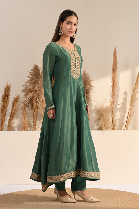 Green Metallic Tissue Embroidered A-Line 3 Pcs Kurta Set