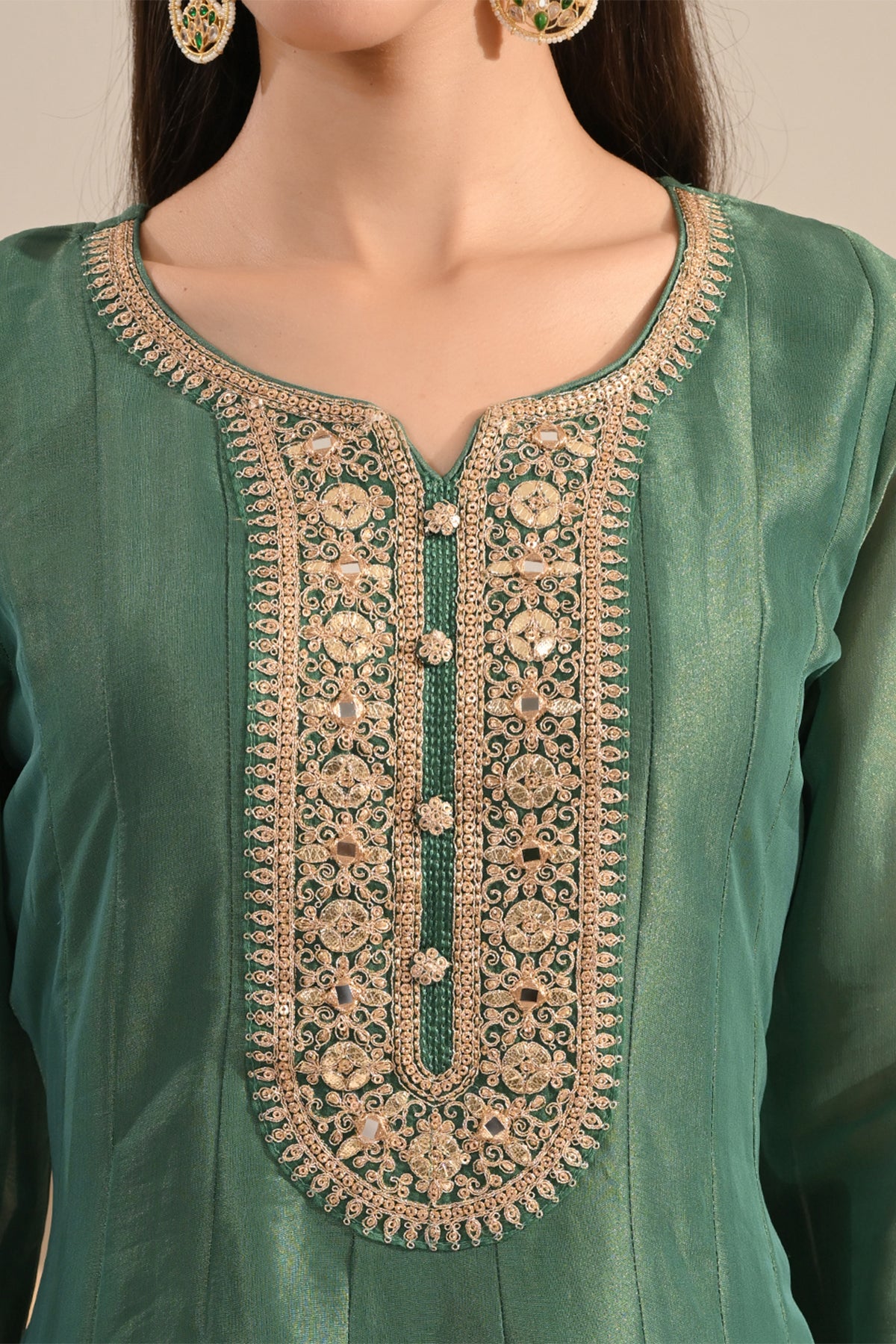 Green Metallic Tissue Embroidered A-Line 3 Pcs Kurta Set