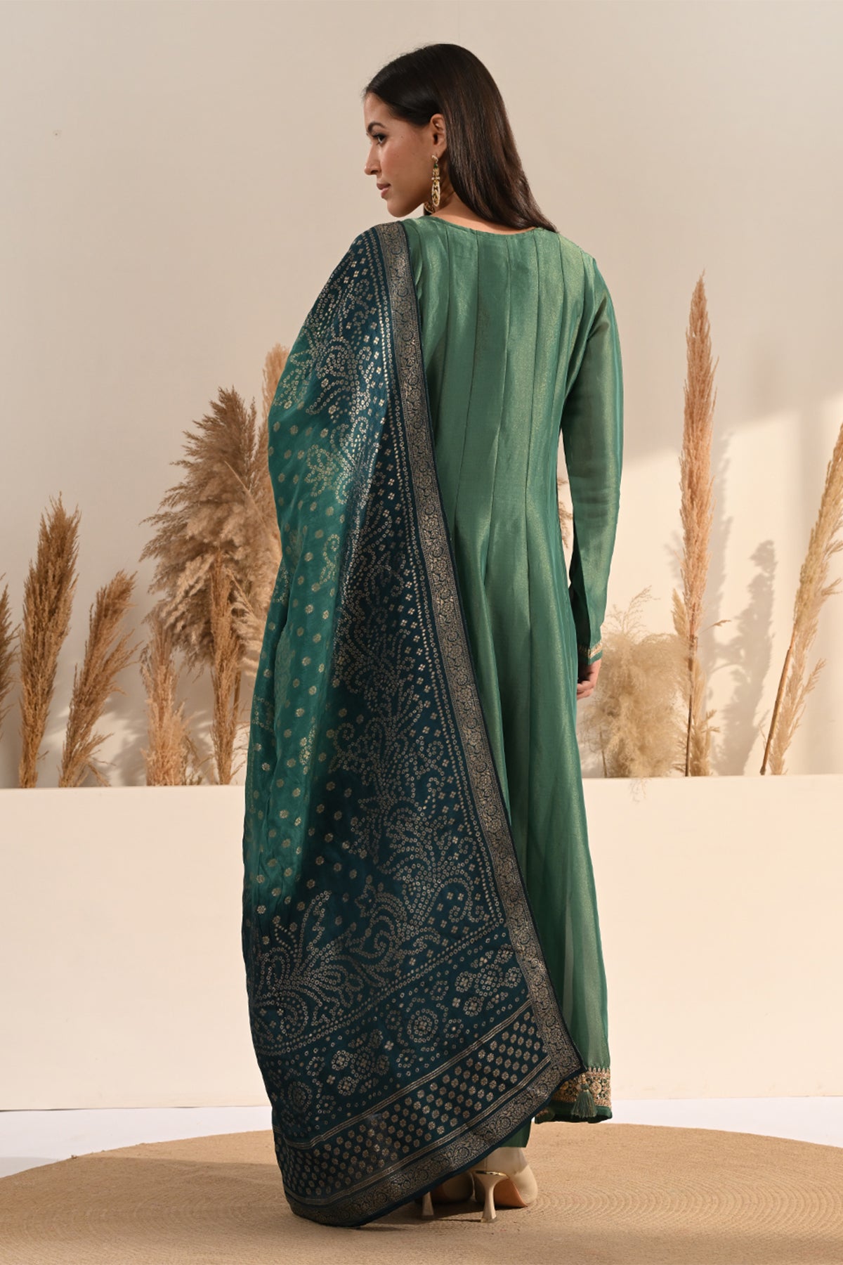 Green Metallic Tissue Embroidered A-Line 3 Pcs Kurta Set