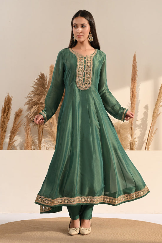 Green Metallic Tissue Embroidered A-Line 3 Pcs Kurta Set