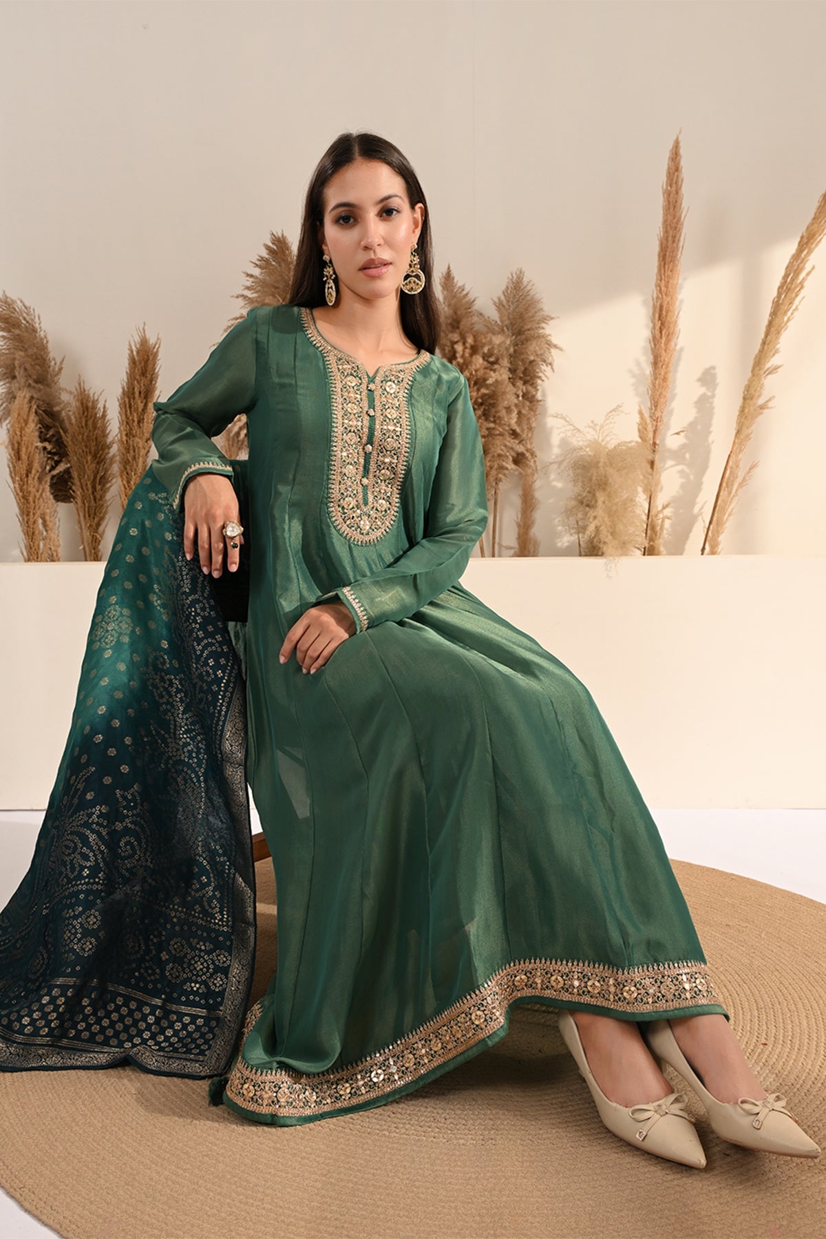 Green Metallic Tissue Embroidered A-Line 3 Pcs Kurta Set