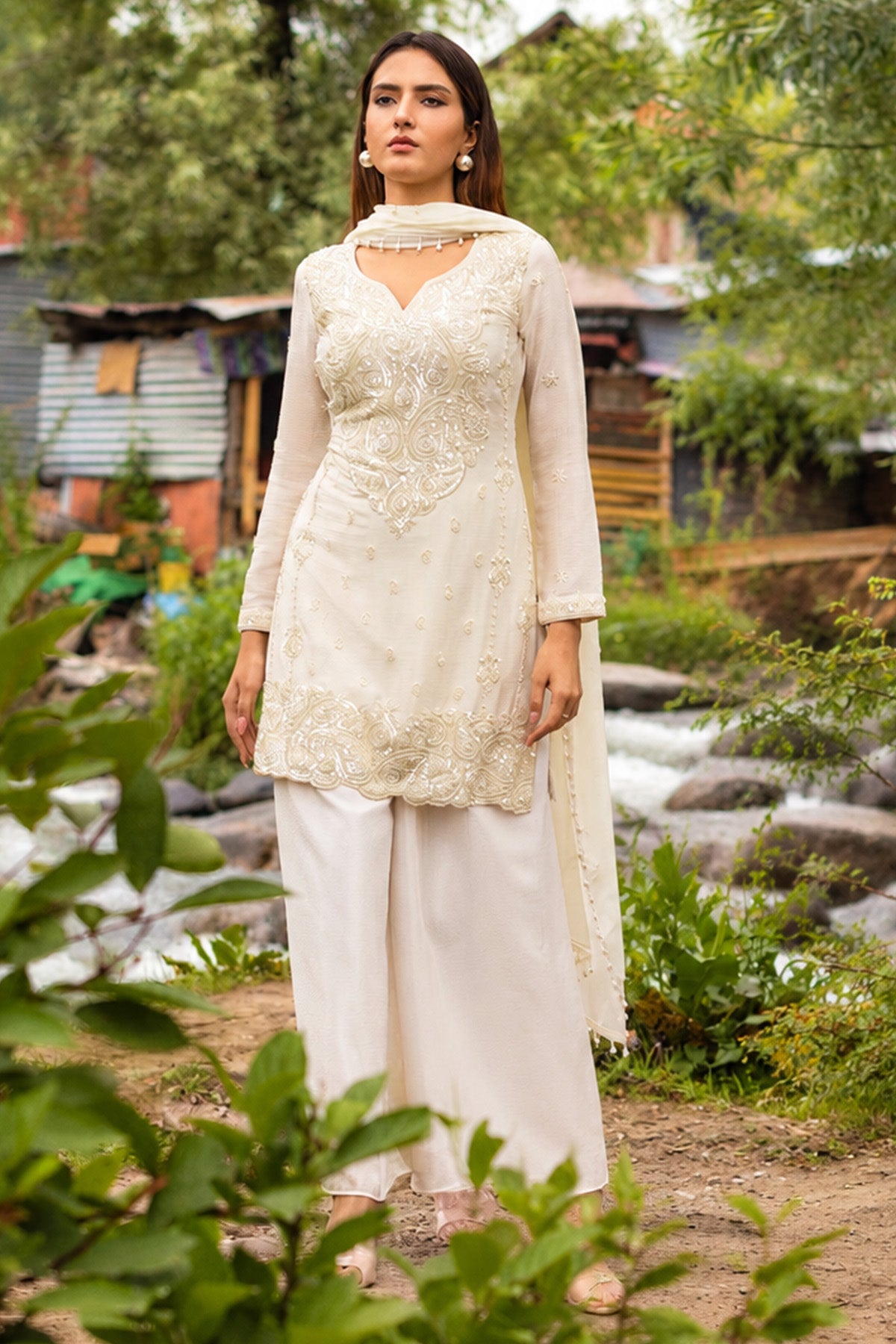 Cream Pearl Embellished 3 Pcs Kurta Set