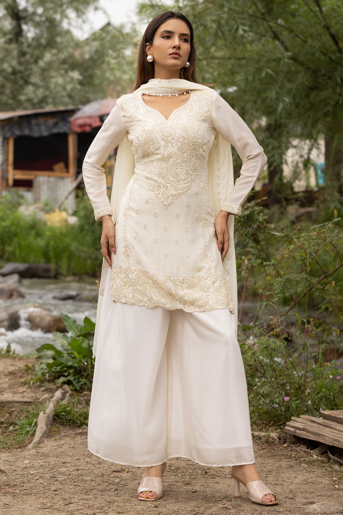 Cream Pearl Embellished 3 Pcs Kurta Set