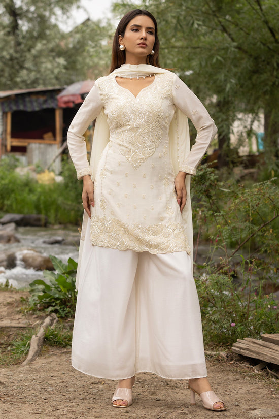 Cream Pearl Embellished 3 Pcs Kurta Set