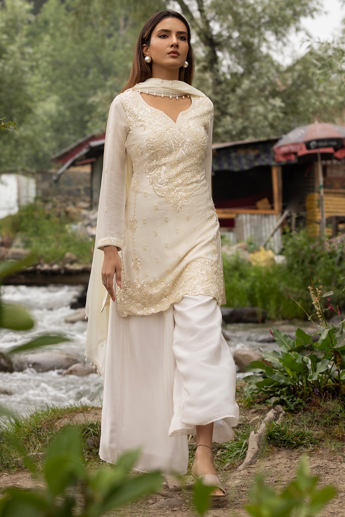 Cream Pearl Embellished 3 Pcs Kurta Set