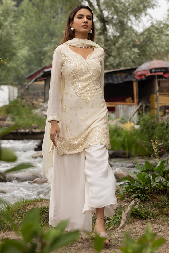 Cream Pearl Embellished 3 Pcs Kurta Set