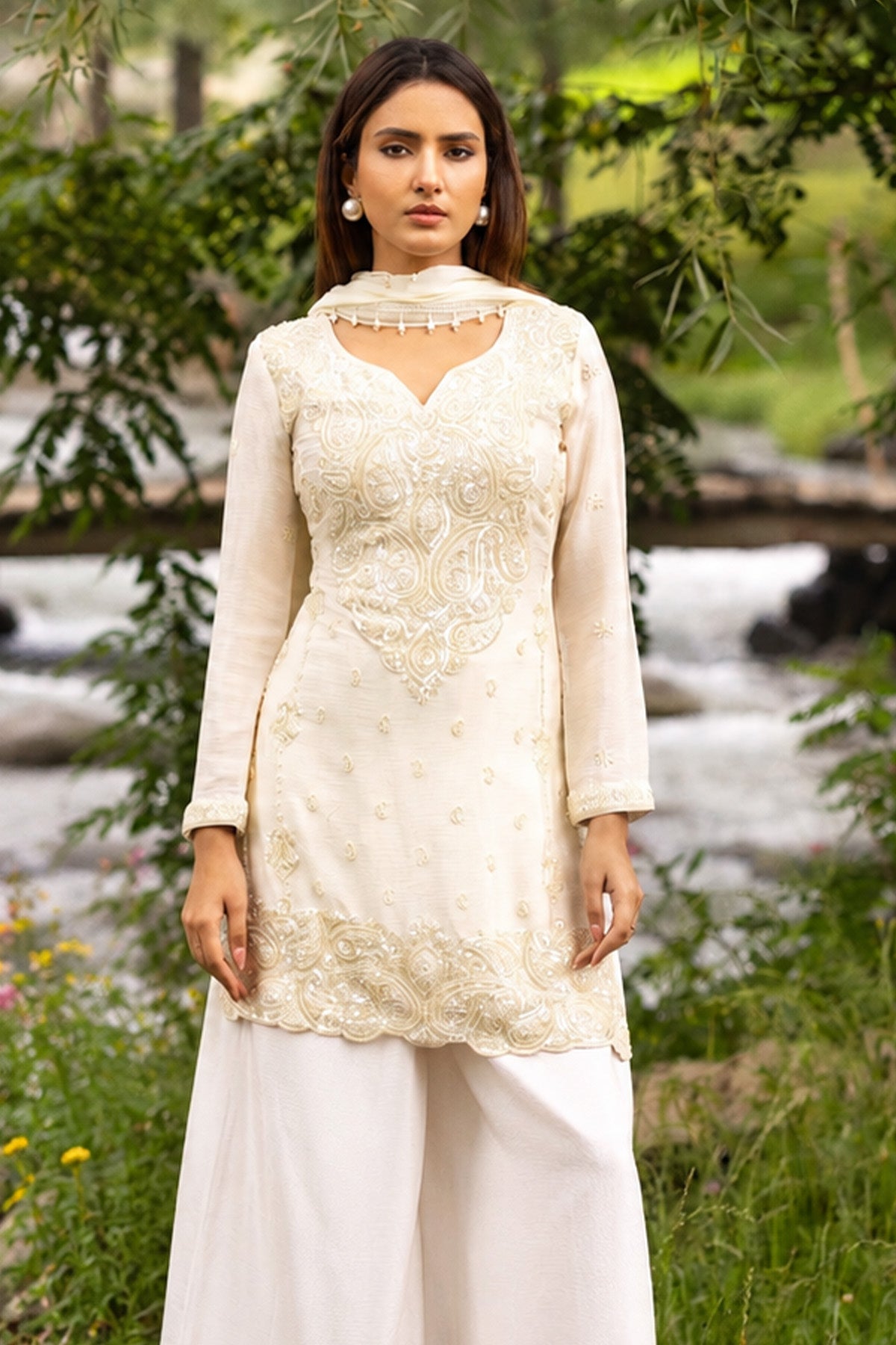 Cream Pearl Embellished 3 Pcs Kurta Set