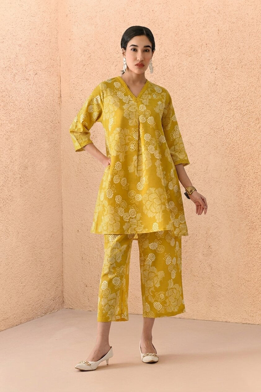 Yellow Printed A-line Kurta 2 Pcs Set