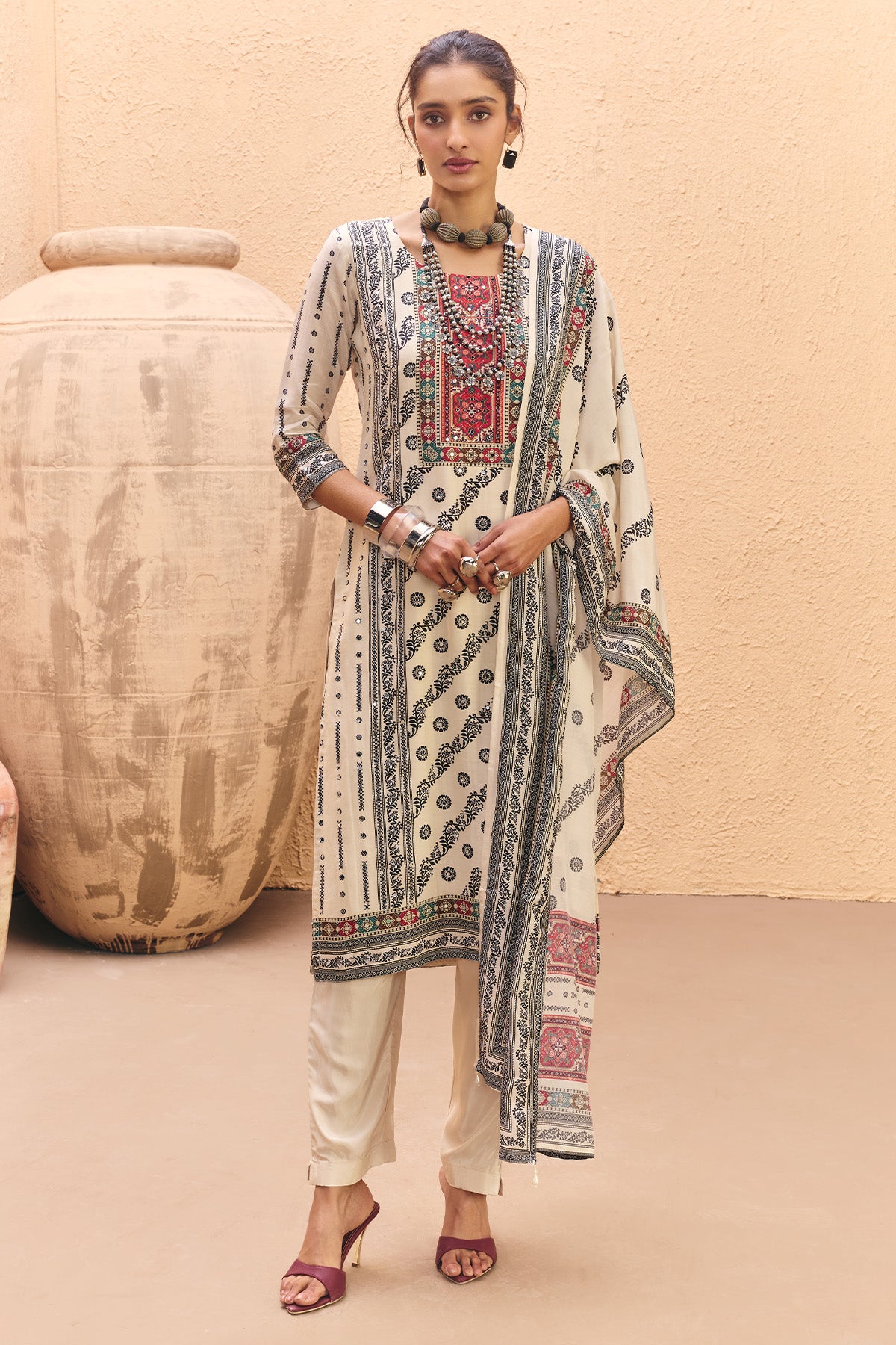 Cream Mirror Embellished Kurta 3 Pcs Set