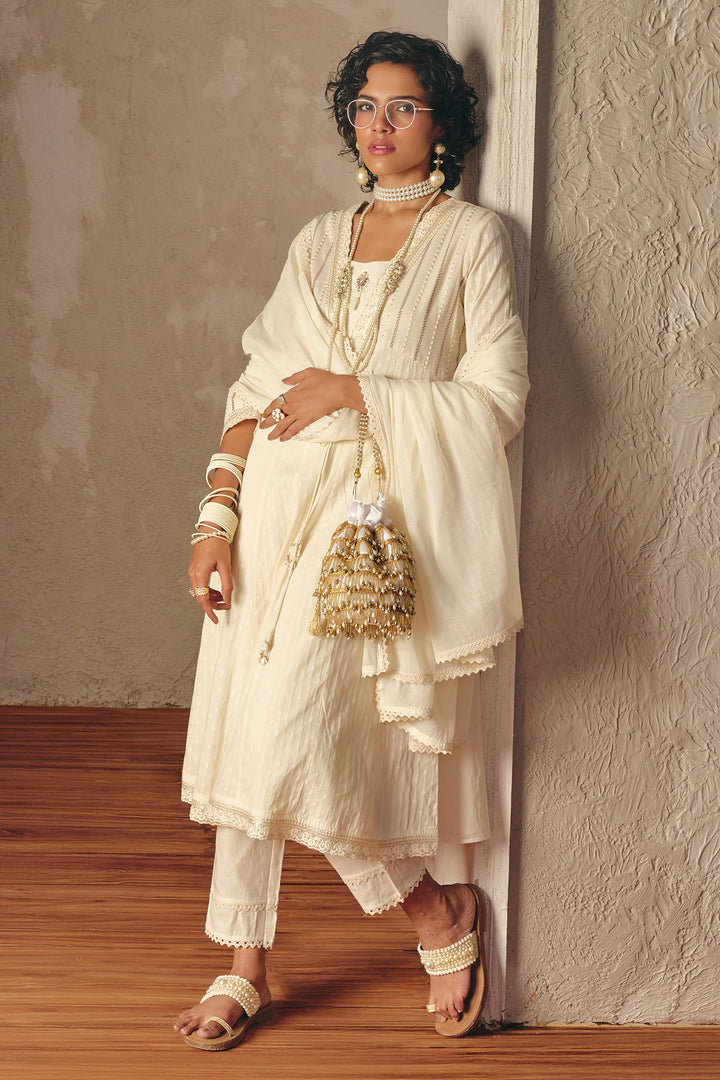 Cream Embellished Kurta Set (3 Piece)