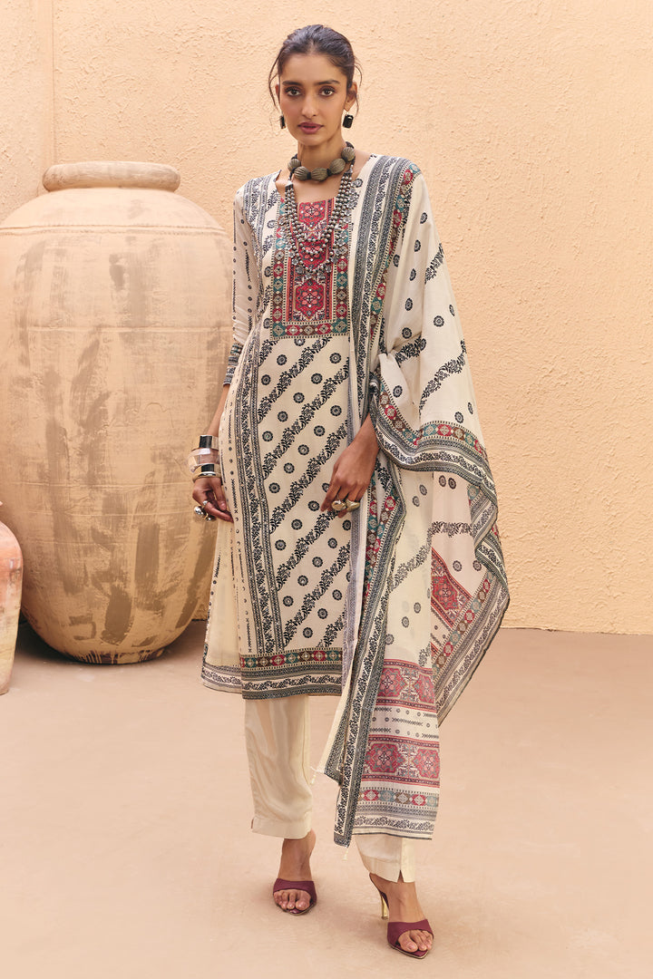Cream Mirror Embellished Kurta Set (3 Piece)