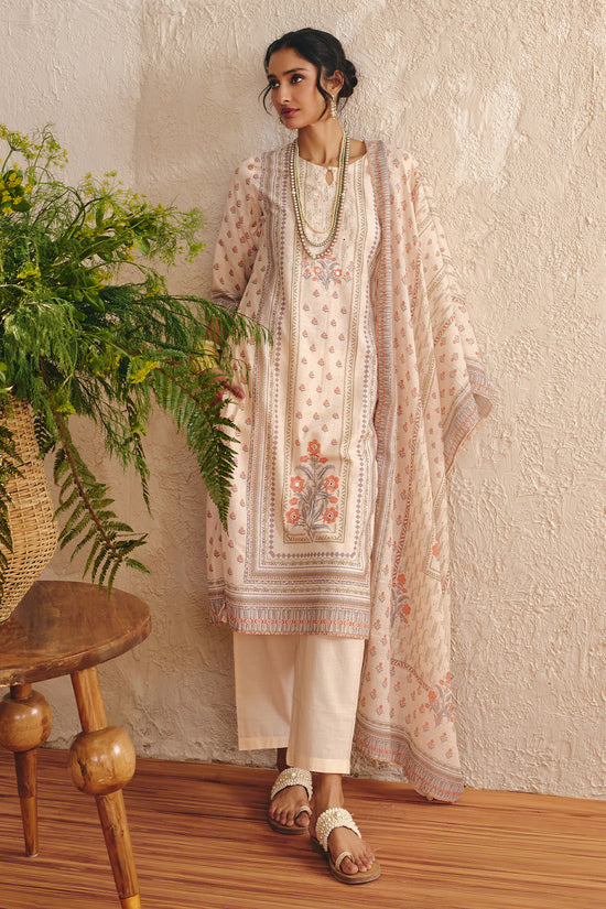 Cream Printed Kurta Set (3 Piece)