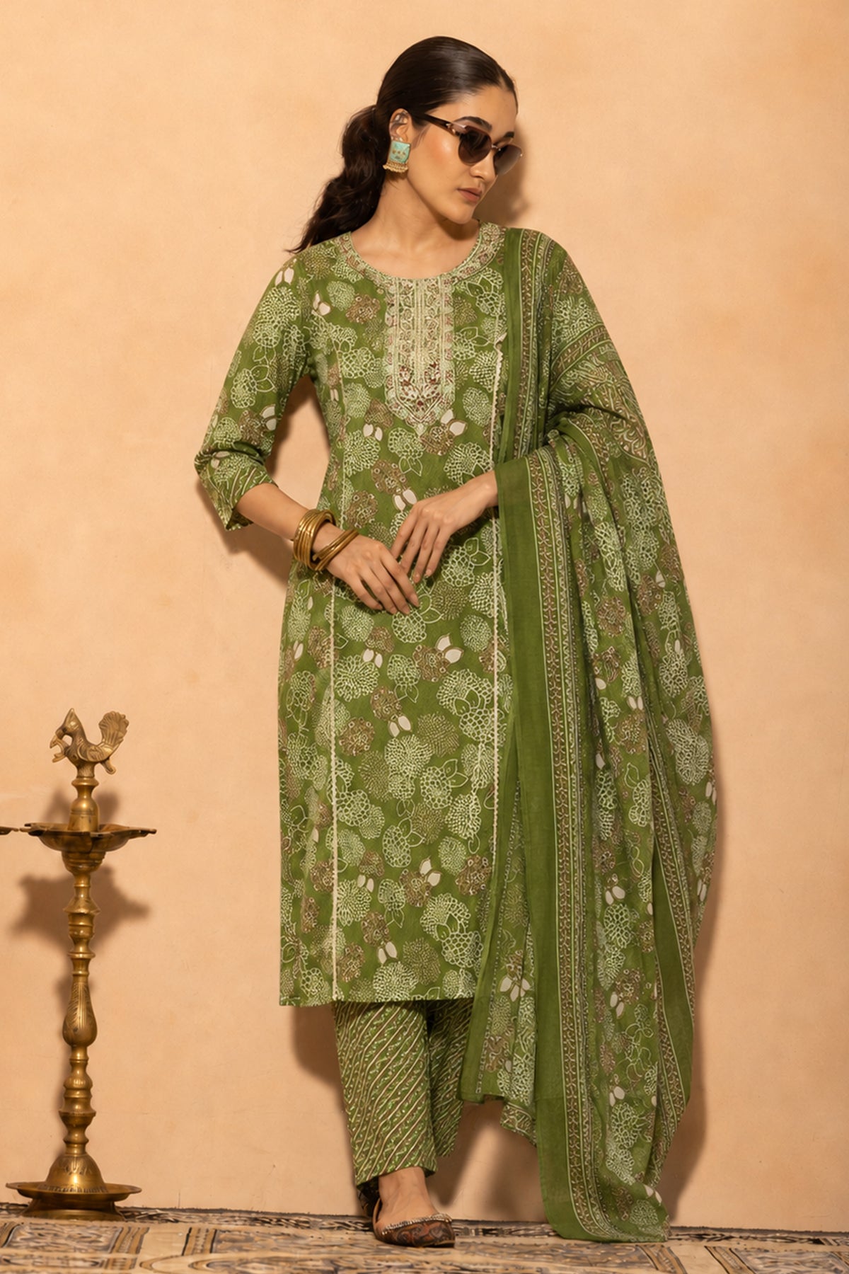 Green Printed Kurta 3 Pcs Set