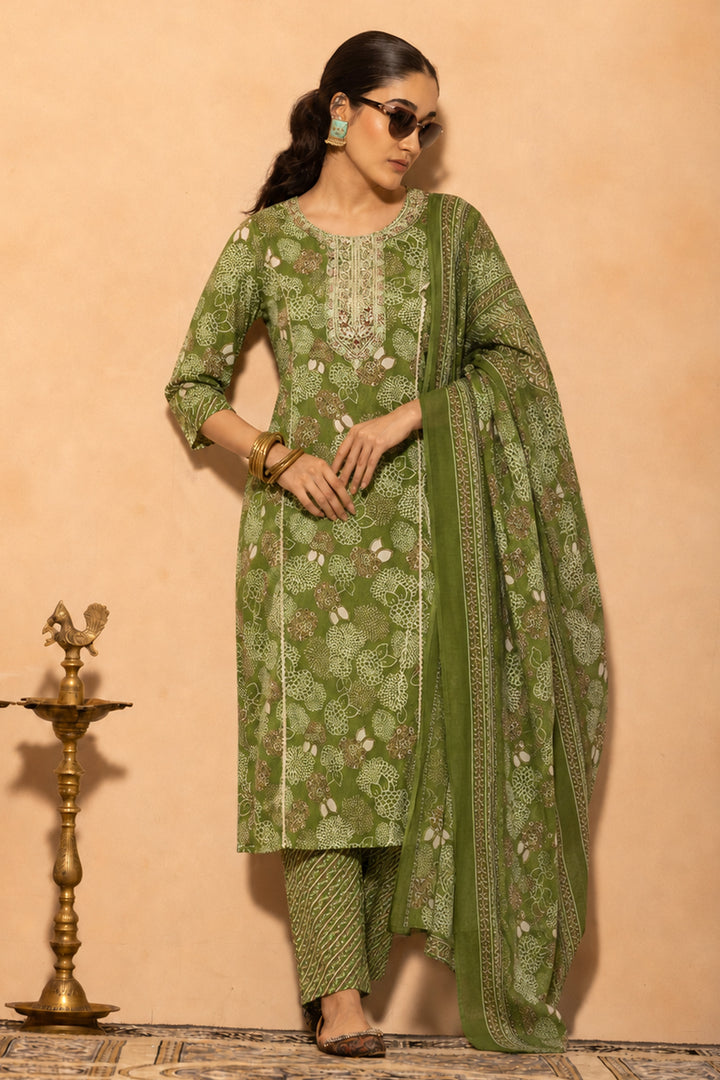 Green Printed Kurta 3 Pcs Set