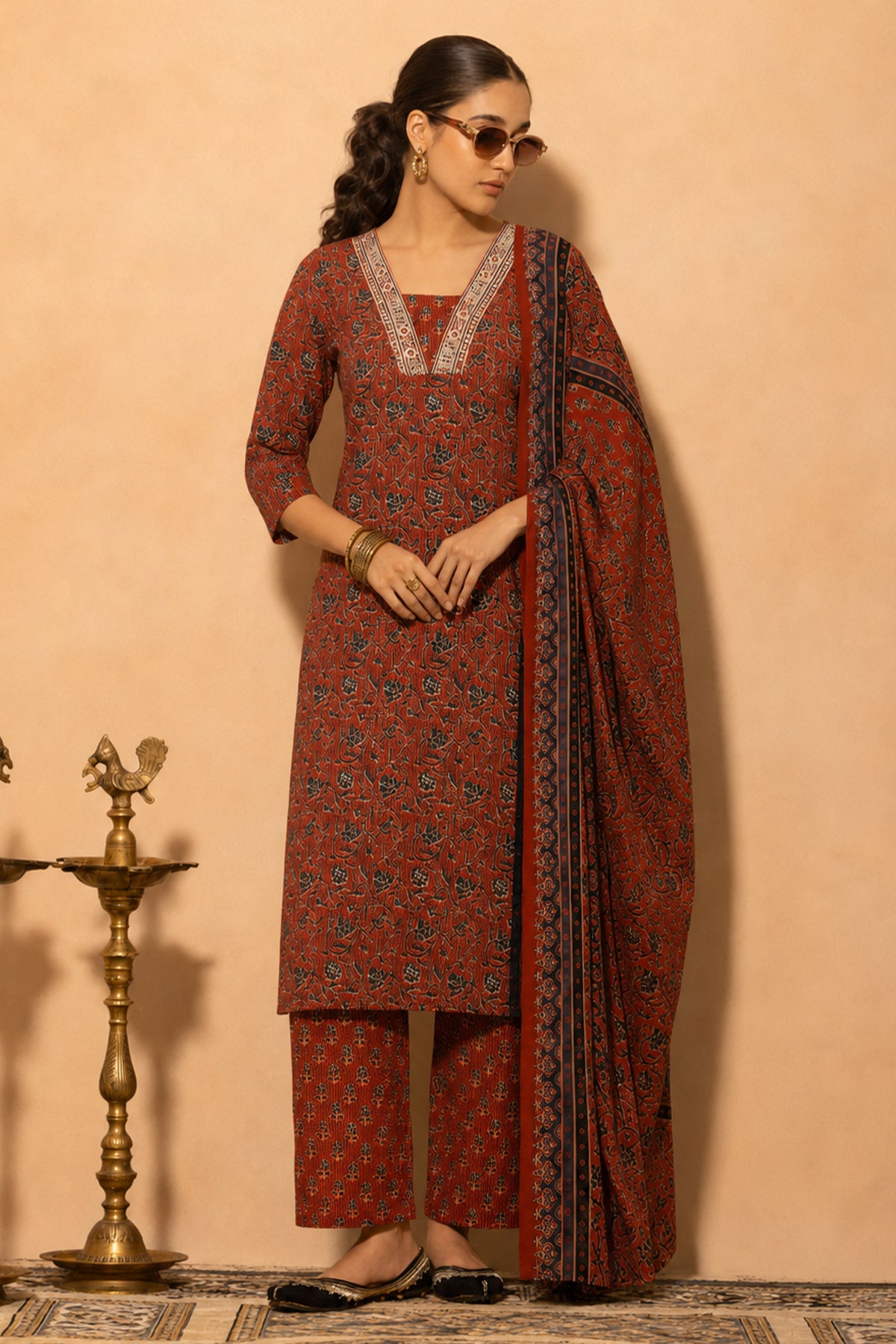 Rust Floral Printed Kurta 3 Pcs Set