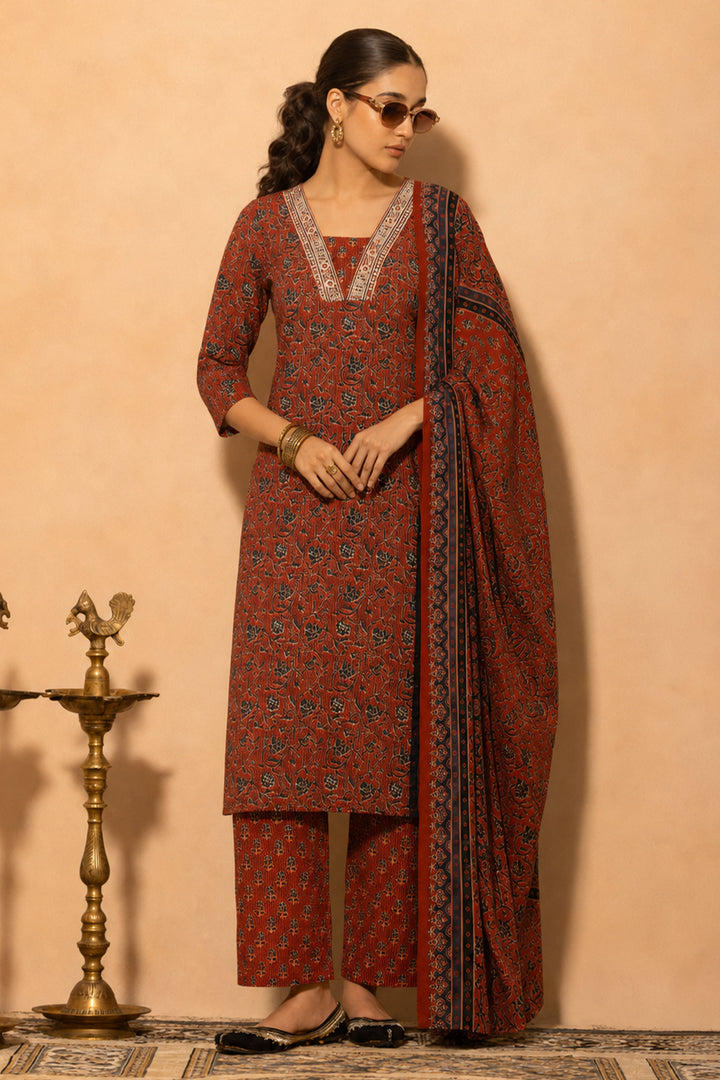 Rust Floral Printed Kurta 3 Pcs Set