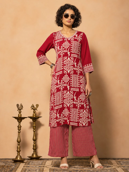Maroon Printed Kurta 2 Pcs Set