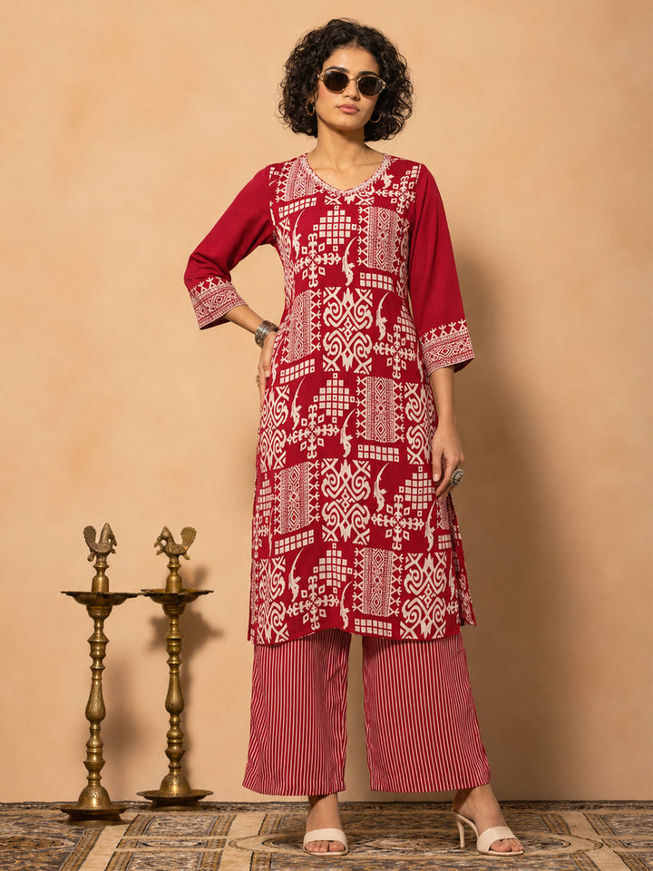 Maroon Printed Kurta 2 Pcs Set