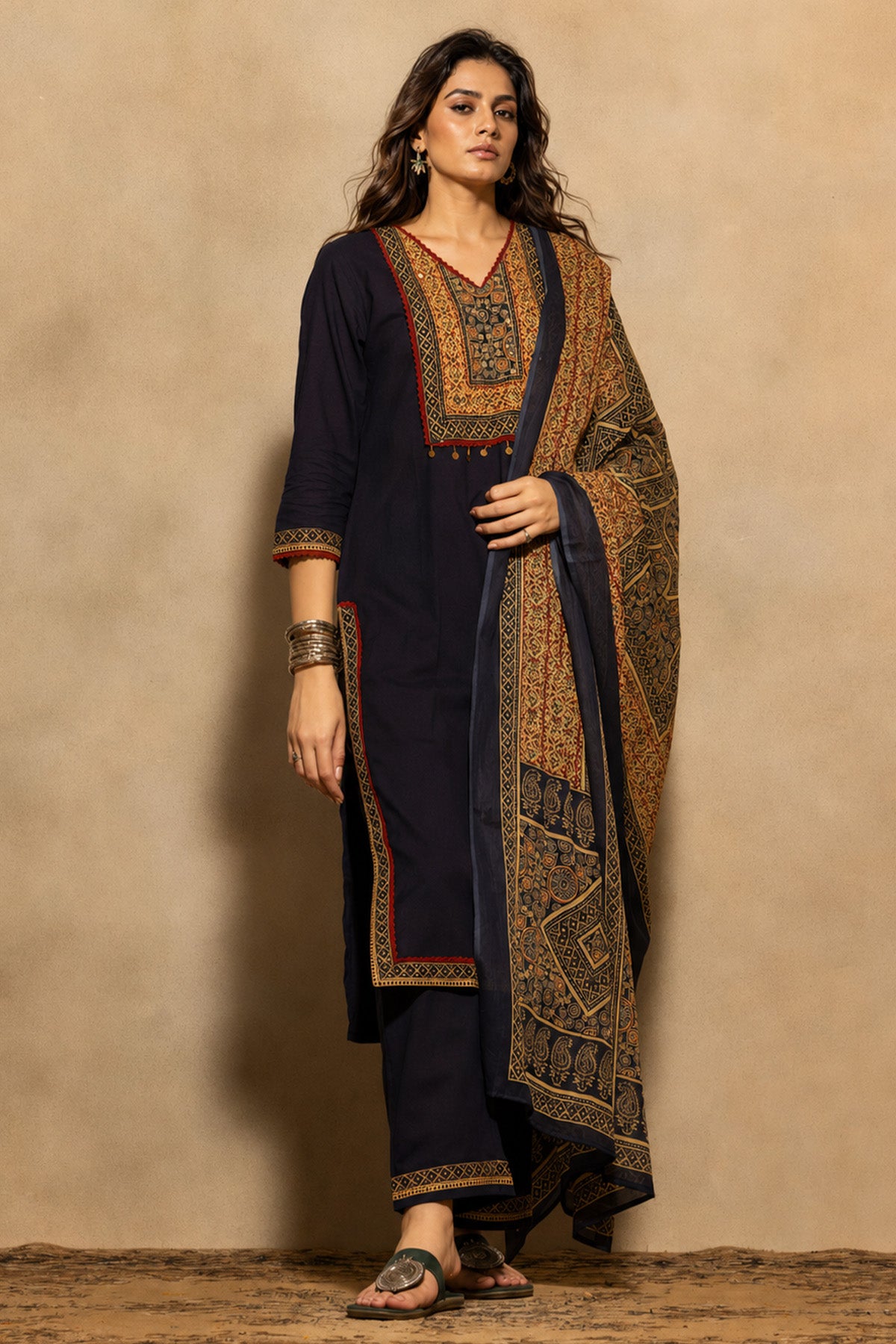 Navy Blue Block Printed Kurta 3 Pcs Set