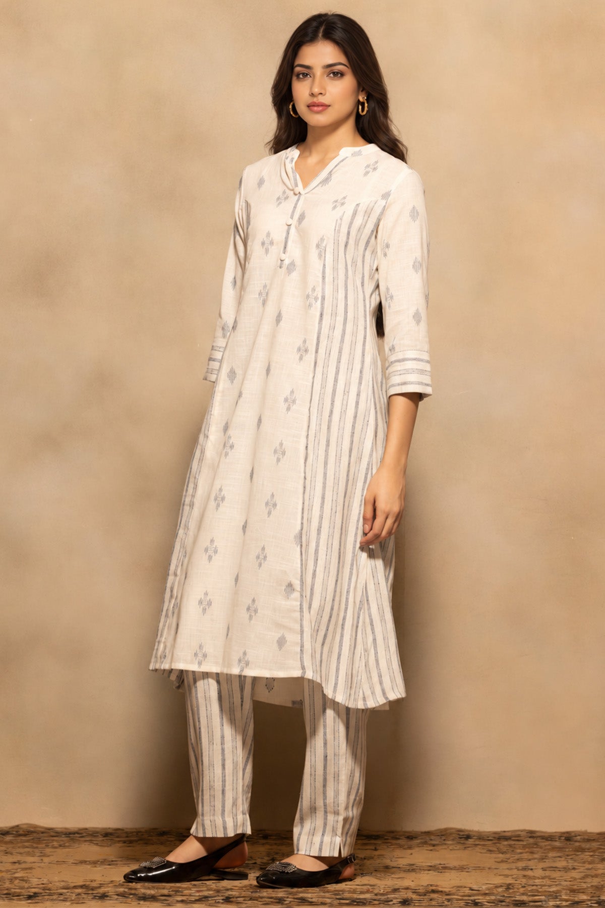 Cream A-line Printed Kurta 2 Pcs Set
