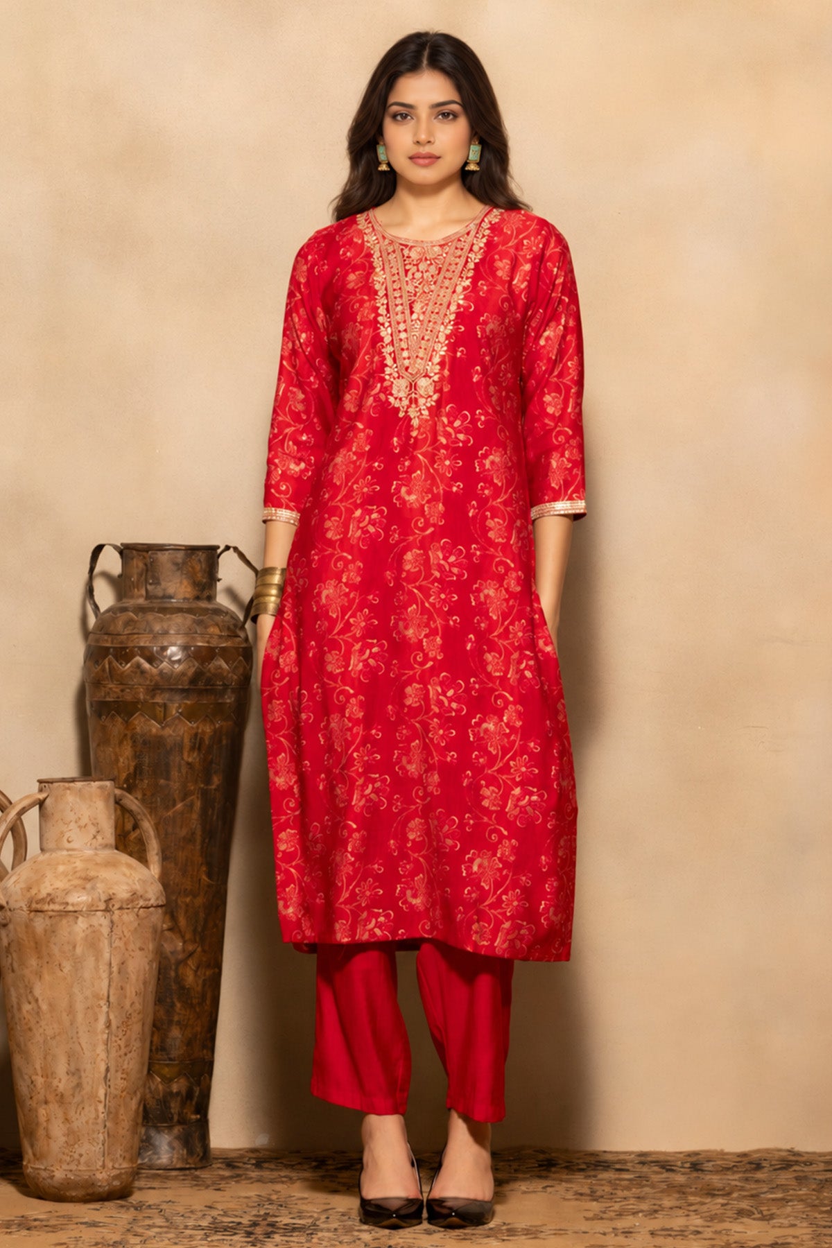Pink Embroidered Kurta 3 Pcs Set