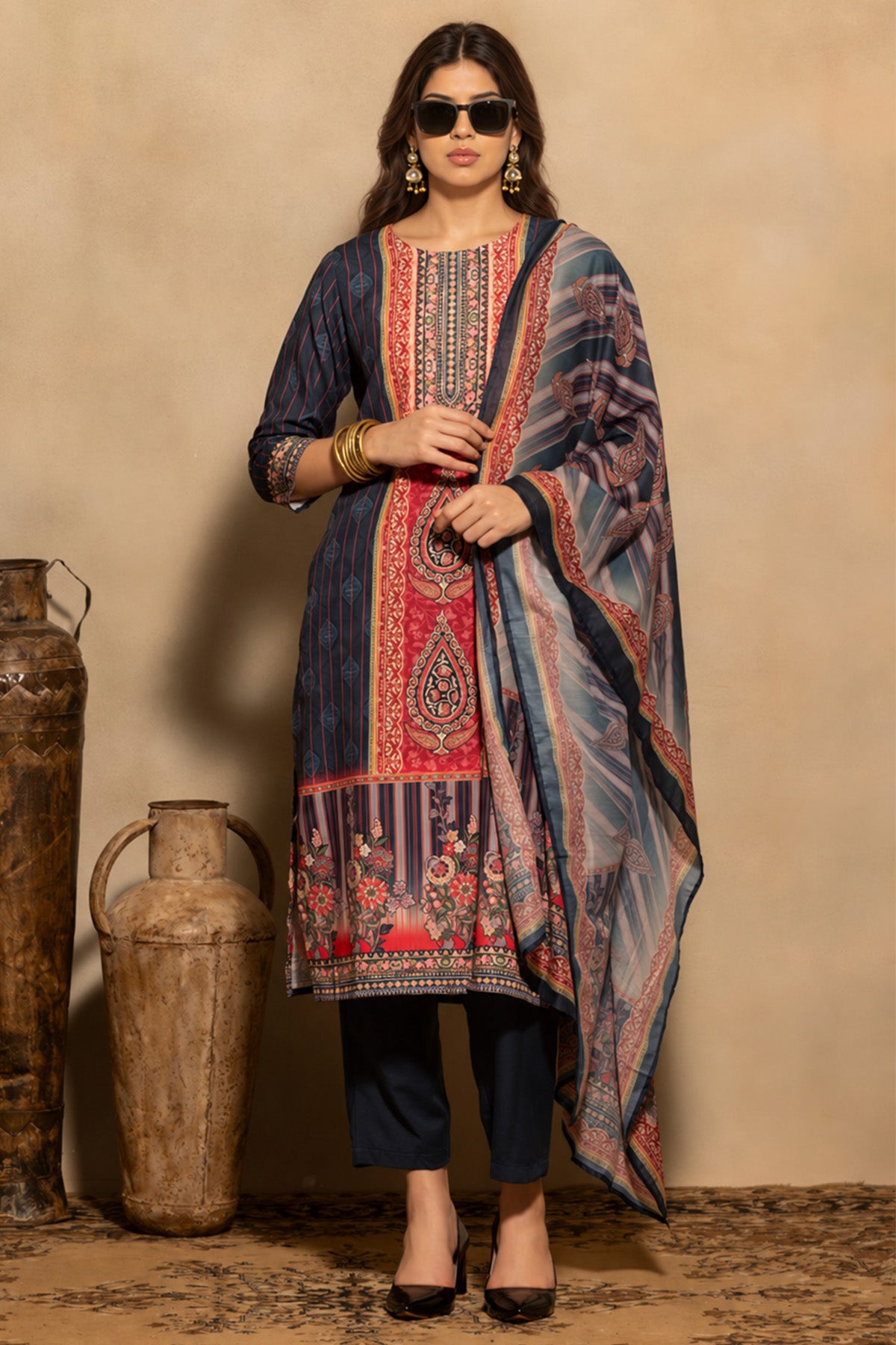 Teal Printed Kurta 3 Pcs Set