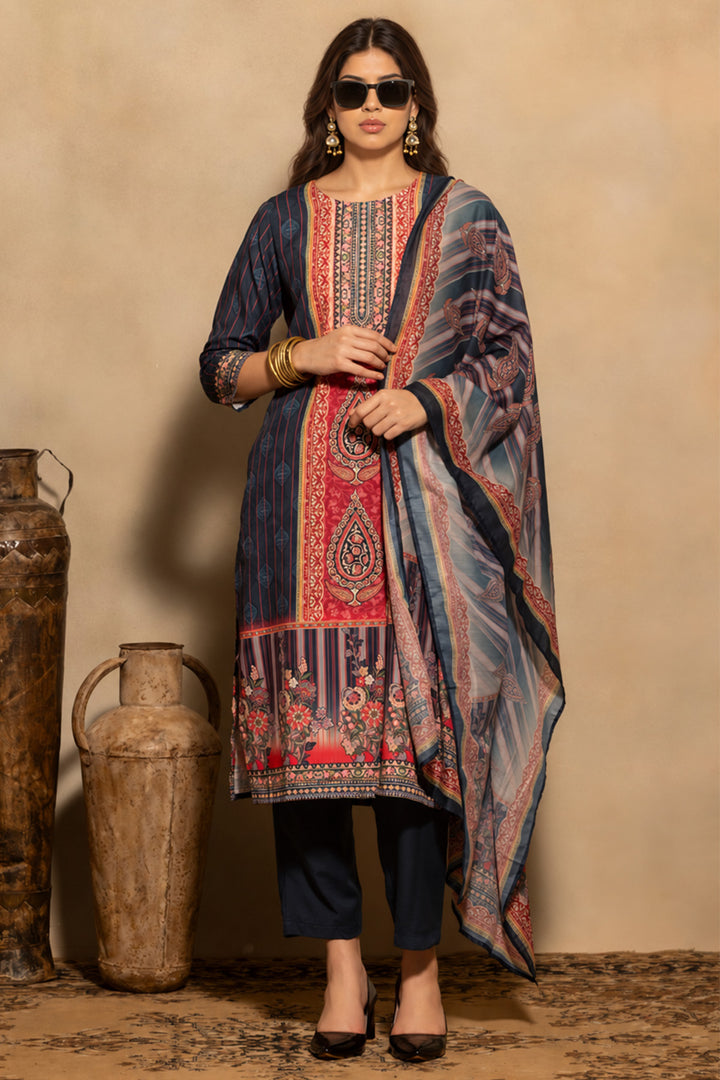 Teal Printed Kurta 3 Pcs Set