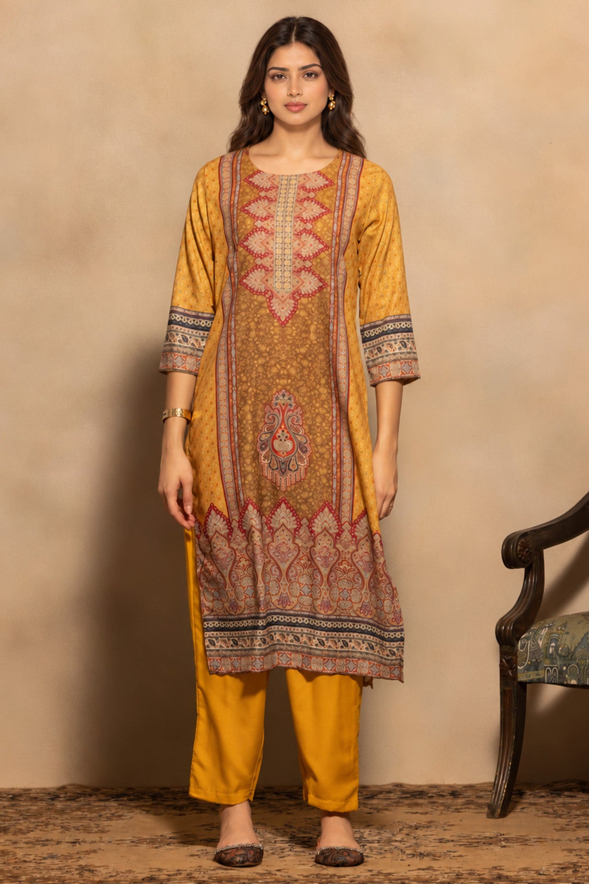 Mustard Printed Kurta 3 Pcs Set