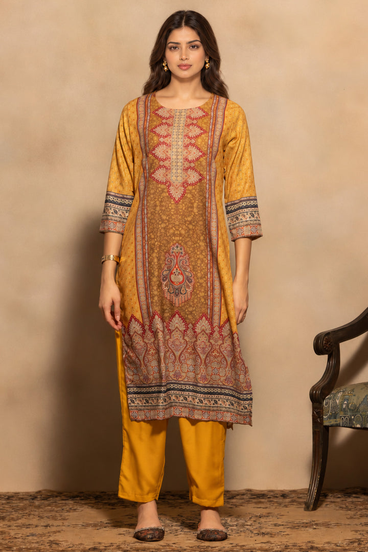 Mustard Printed Kurta 3 Pcs Set