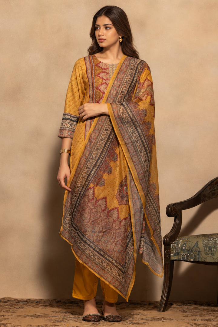 Mustard Printed Kurta 3 Pcs Set