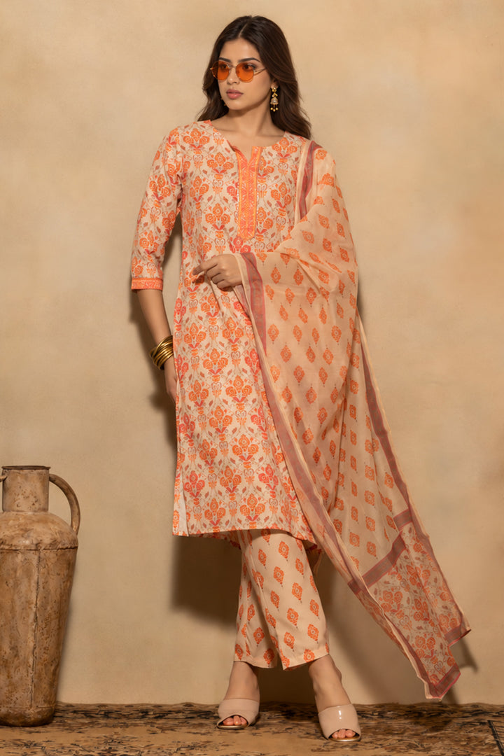 Orange Printed Kurta 3 Pcs Set