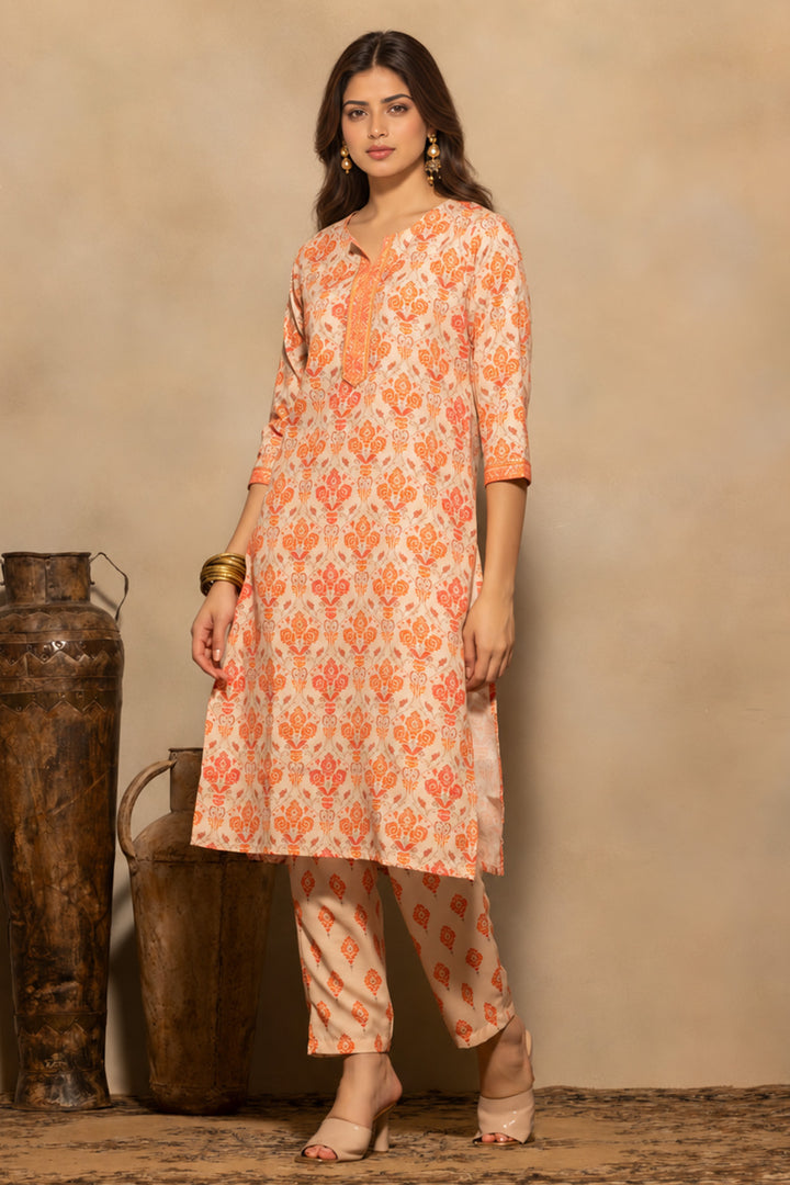 Orange Printed Kurta 3 Pcs Set