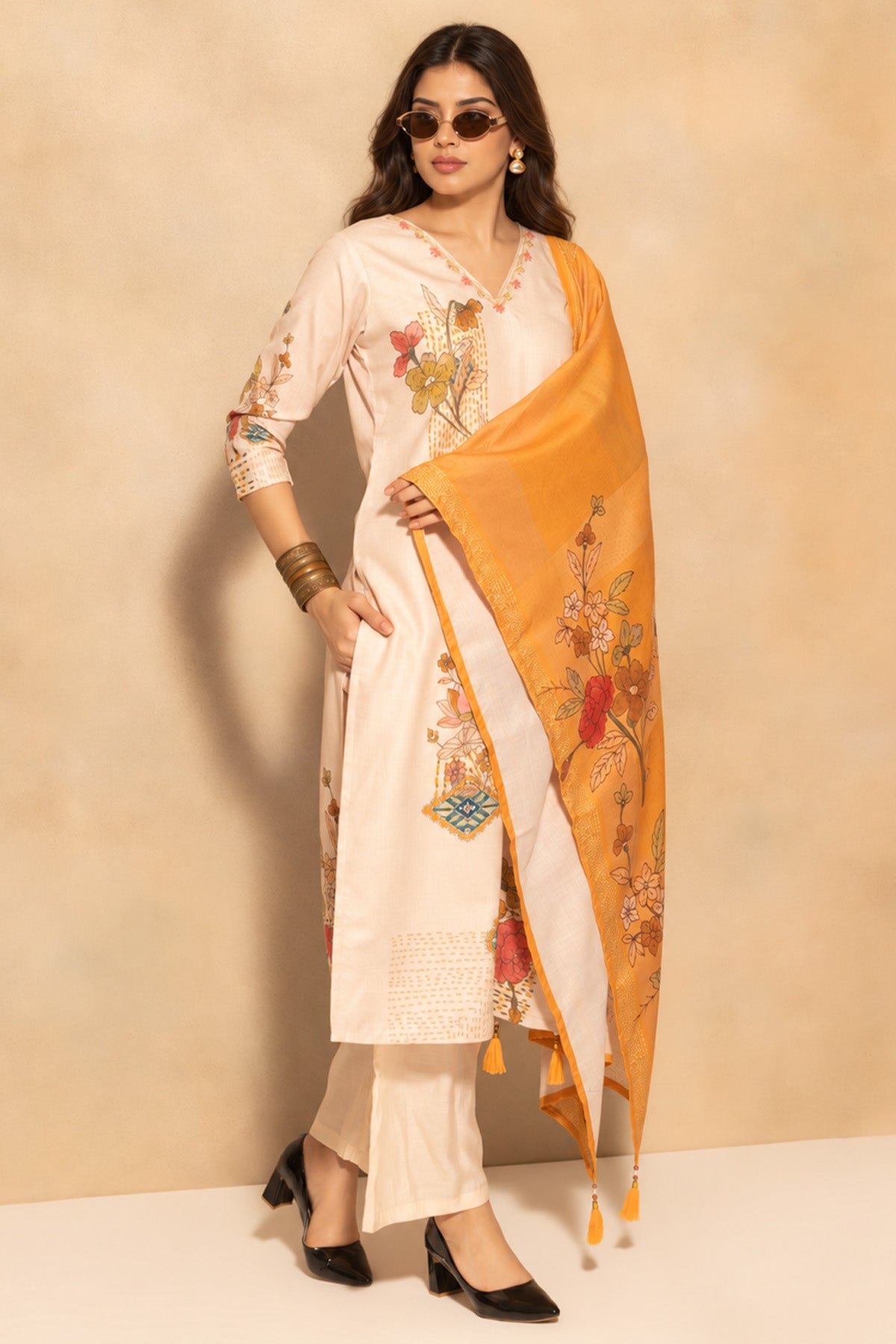 Beige Printed Kurta 3 Pcs Set
