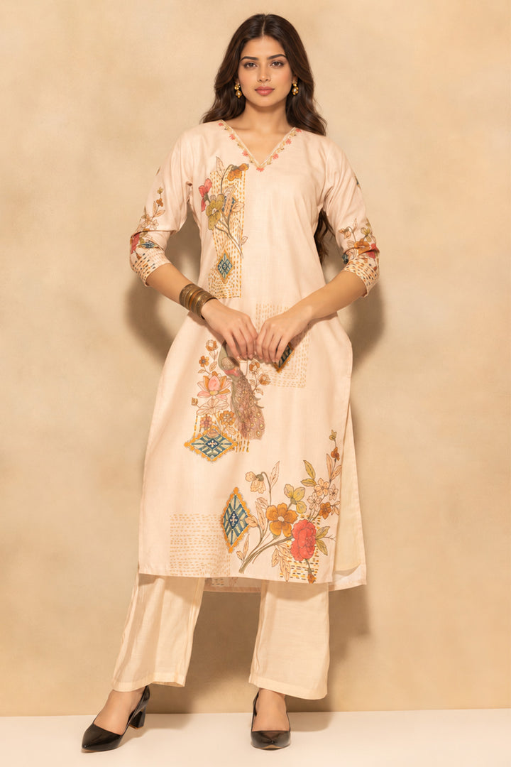 Beige Printed Kurta 3 Pcs Set