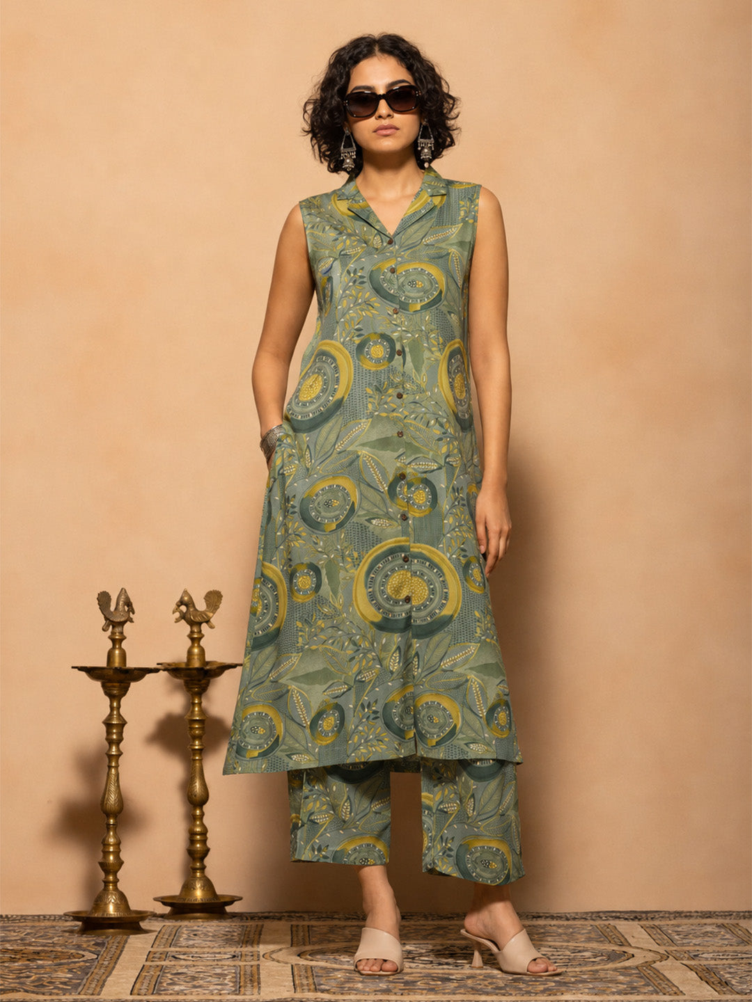 Green Printed A-line Kurta 2 Pcs Set