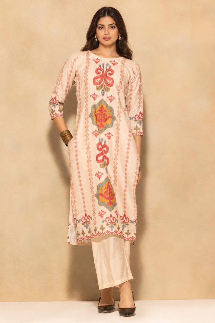 Beige Printed Kurta 3 Pcs Set