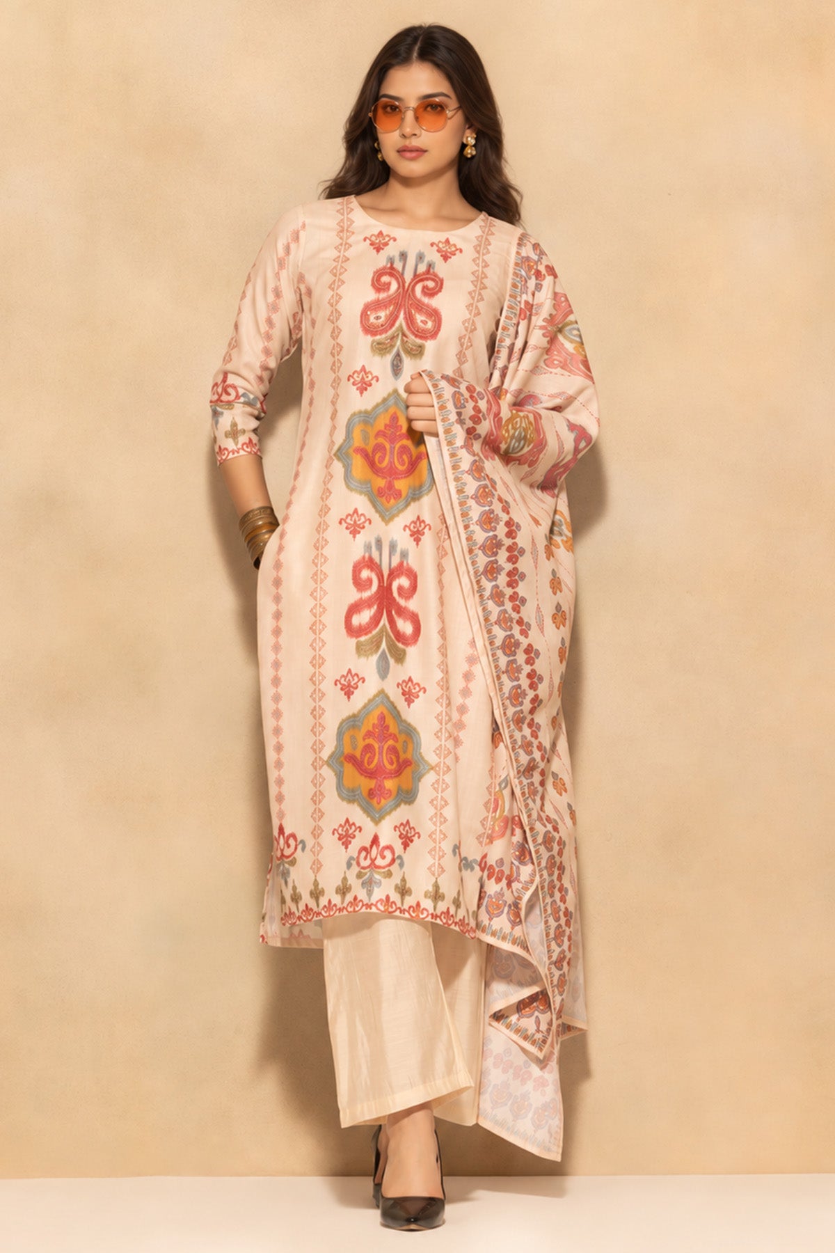Beige Printed Kurta 3 Pcs Set