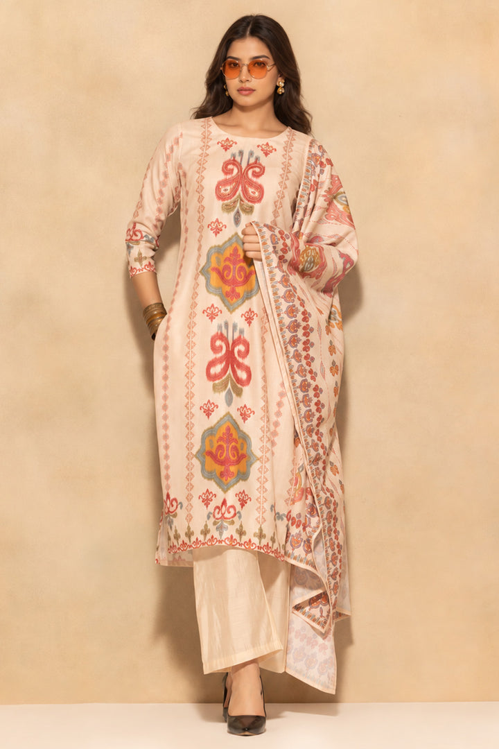 Beige Printed Kurta 3 Pcs Set