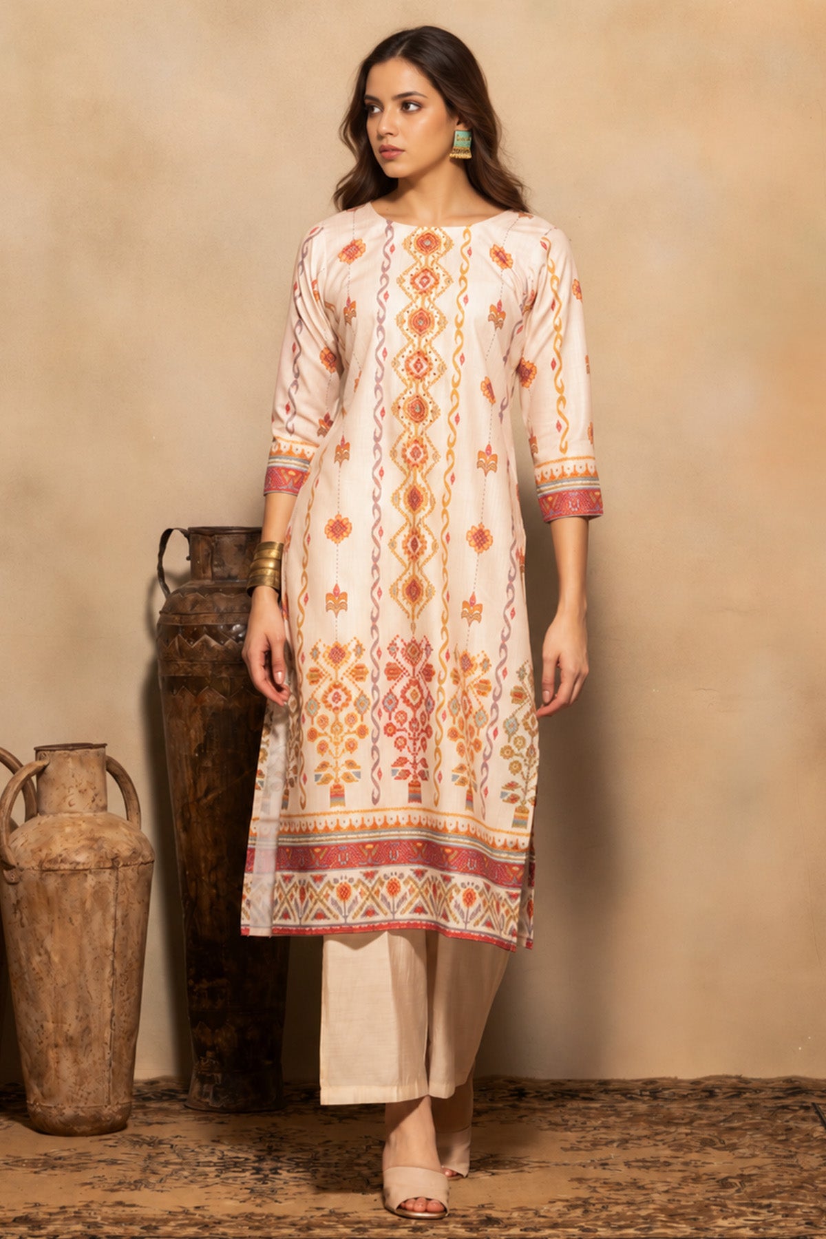Beige Printed Kurta 3 Pcs Set