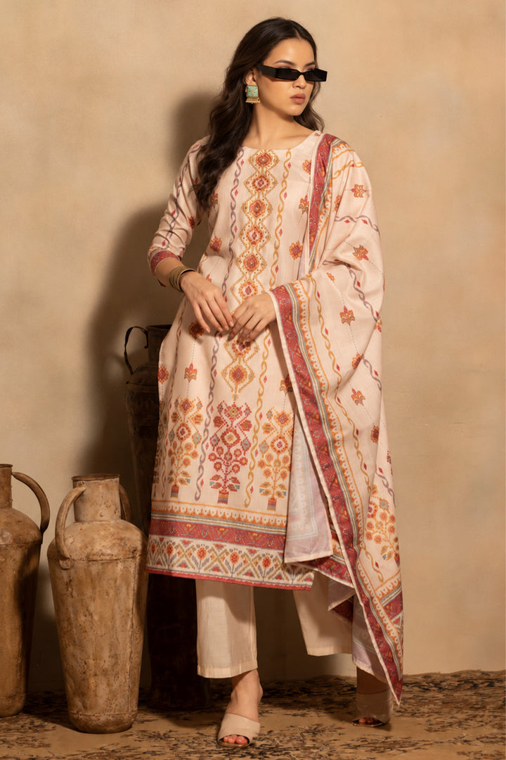 Beige Printed Kurta 3 Pcs Set
