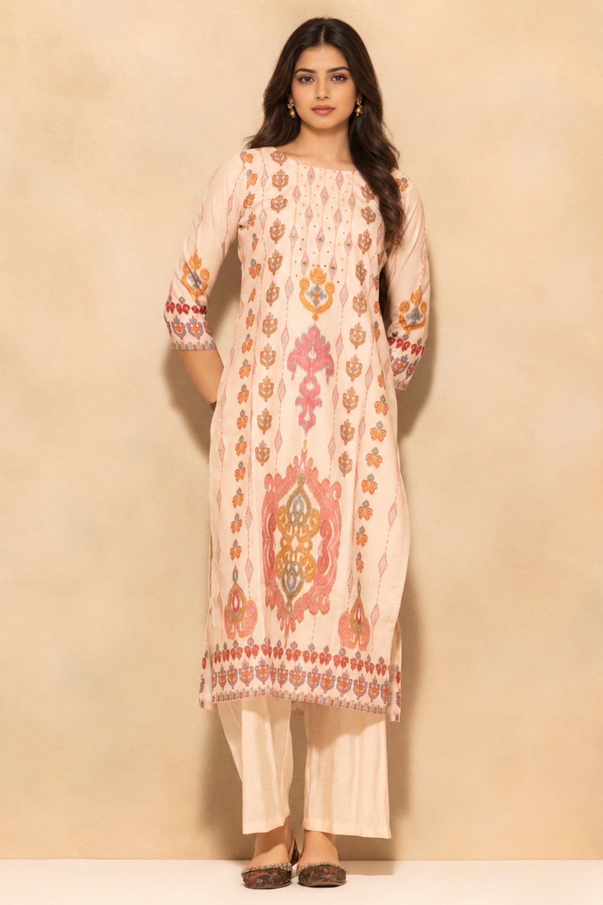 Beige Printed Kurta 3 Pcs Set
