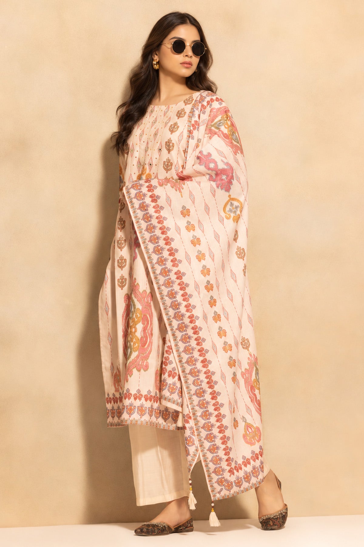 Beige Printed Kurta 3 Pcs Set