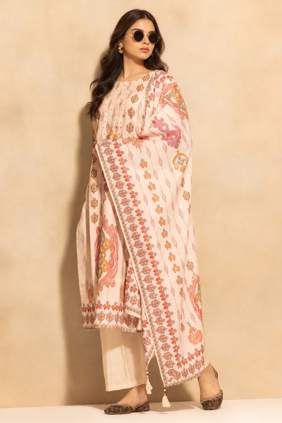 Beige Printed Kurta 3 Pcs Set